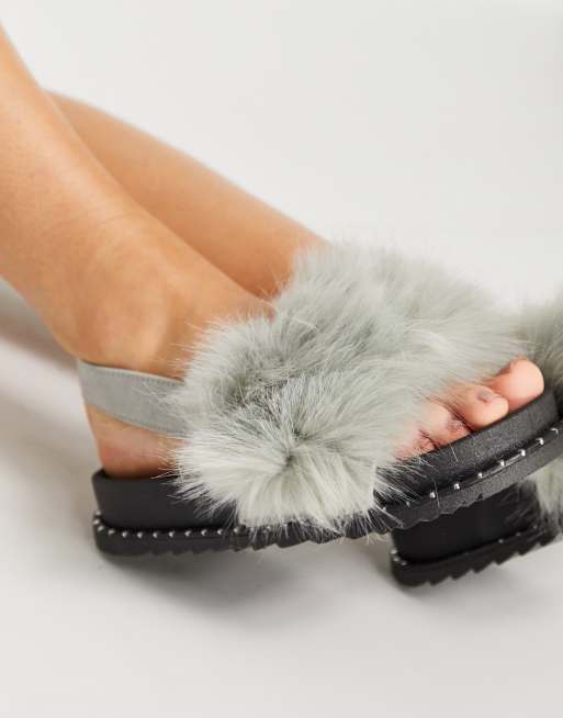 Grey sale fluffy sliders