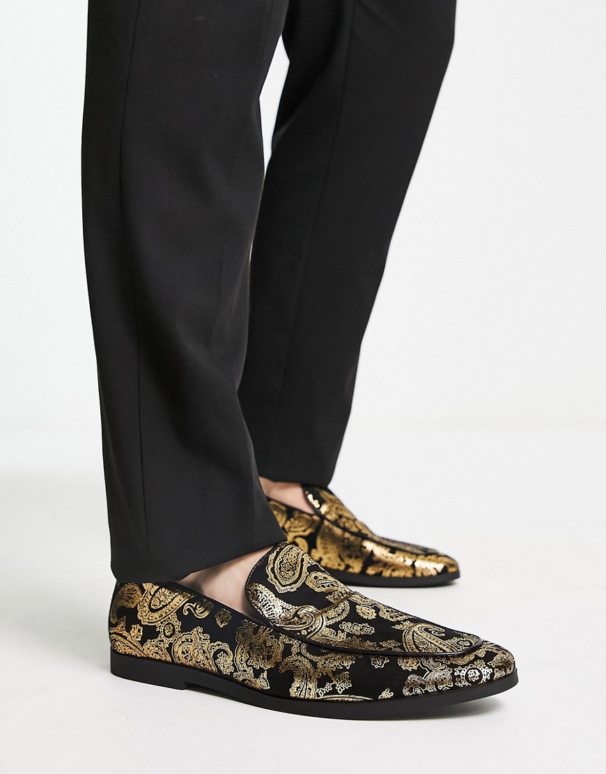 Truffle Collection slip on loafers in gold printed fabric