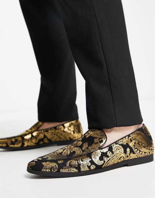 Truffle Collection slip on loafers in gold printed fabric, 3 of 4