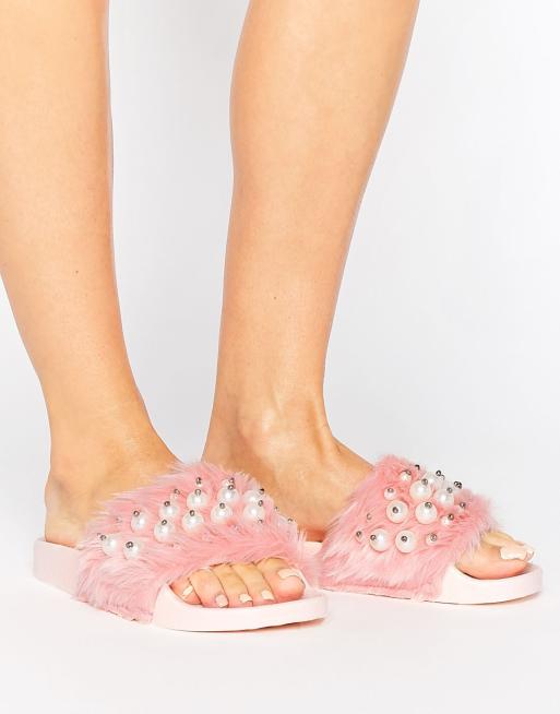 Roze badslippers store met bont