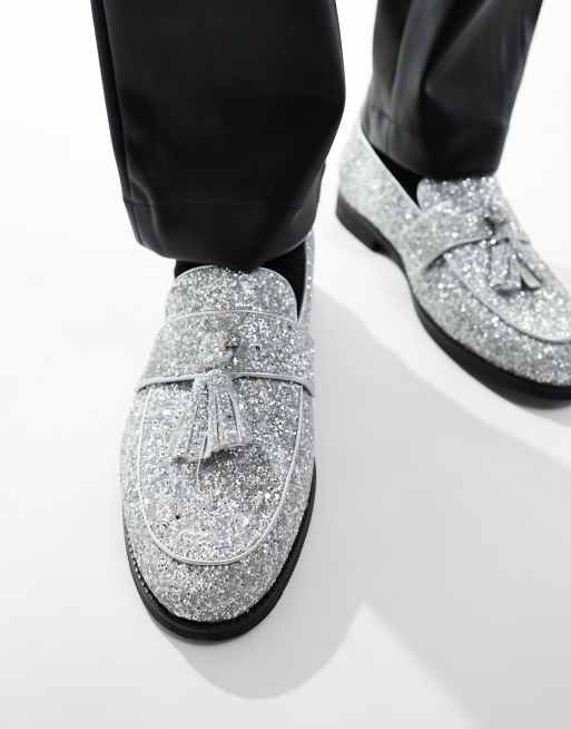 Truffle Collection - Sølvfarvede loafers med kvaster og glimmer i imiteret læder