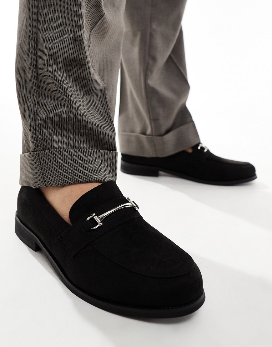 snaffle trim loafers in black faux suede