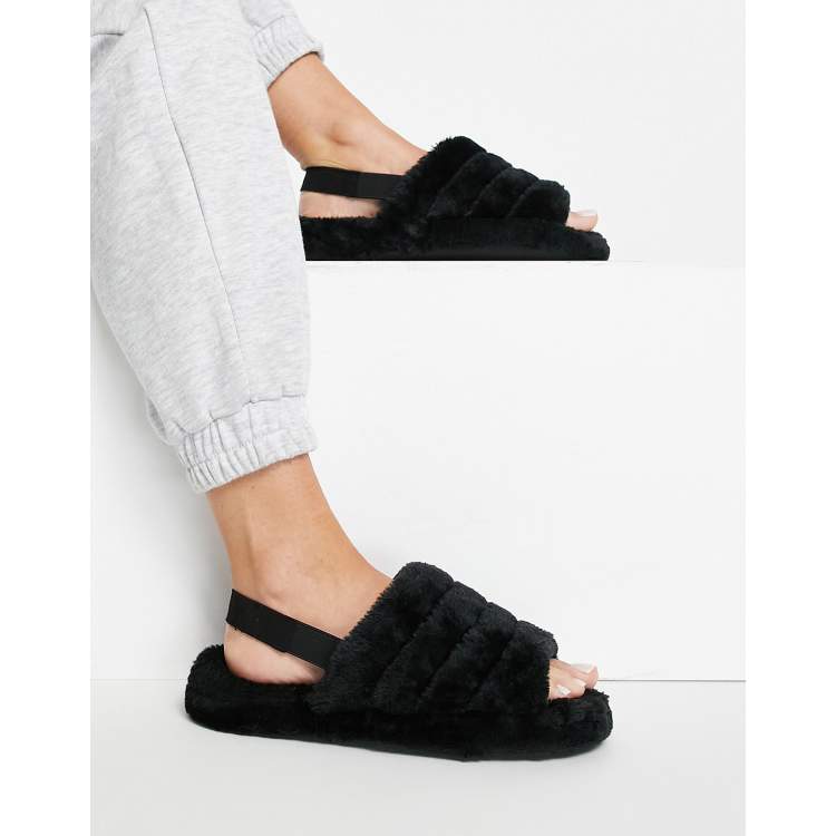 Truffle Collection soft sling back fluffy slippers in black ASOS