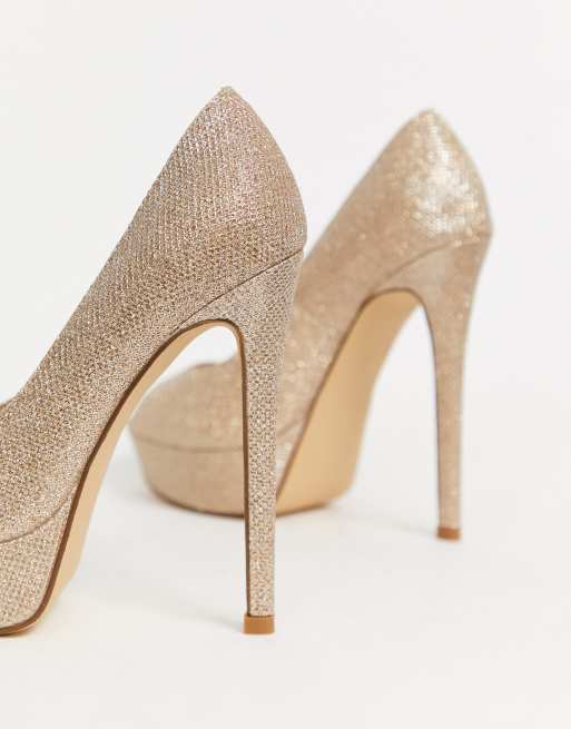 Truffle Collection sparkly peep toe platform heeled shoes in light gold