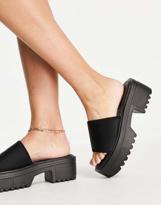 Black chunky heel mules best sale