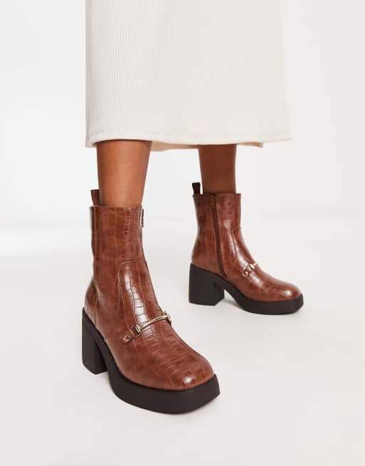 Truffle Collection sqaure toe loafer trim boots in brown croc | ASOS