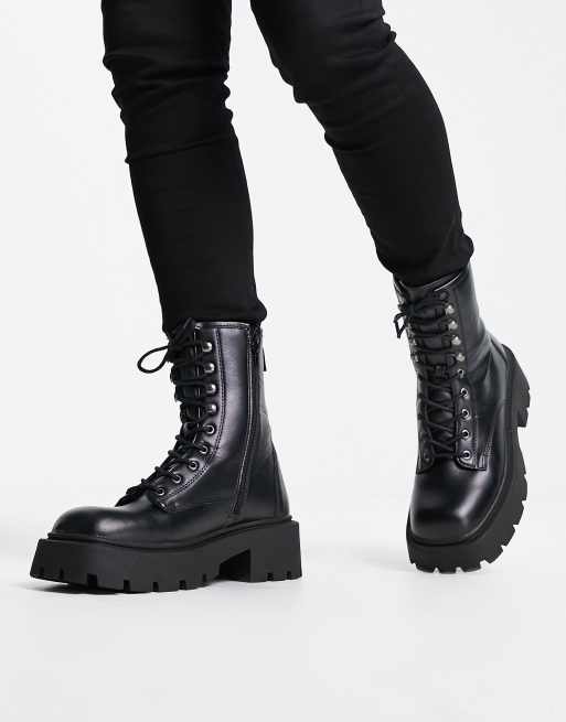 Truffle Collection square toe chunky lace up boots in black faux