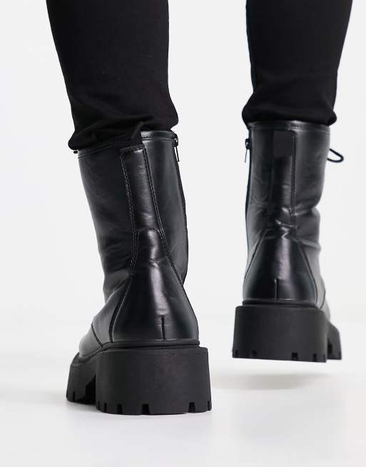 Truffle Collection square toe chunky lace up boots in black faux