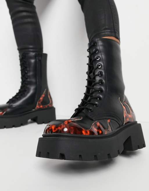 Truffle Collection square toe chunky lace up boots in black with flame detail | ASOS
