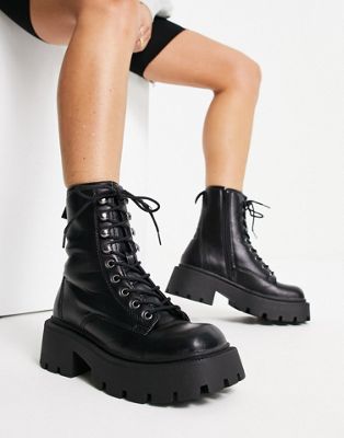 Truffle Collection square toe chunky lace up boots in black