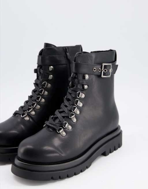truffle collection square toe chunky lace up boots in black