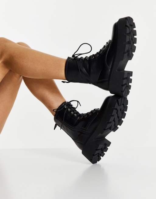 Truffle Collection square toe chunky lace up boots in black | ASOS