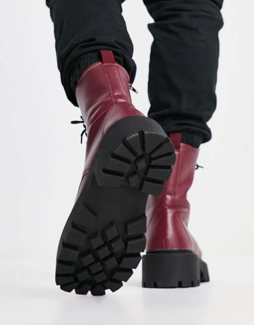 Truffle Collection square toe chunky lace up boots in burgundy