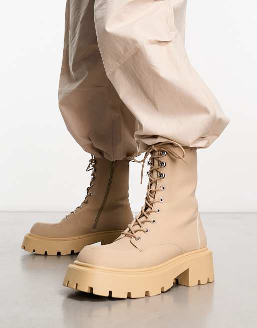 Truffle Collection square toe chunky lace up boots in sand