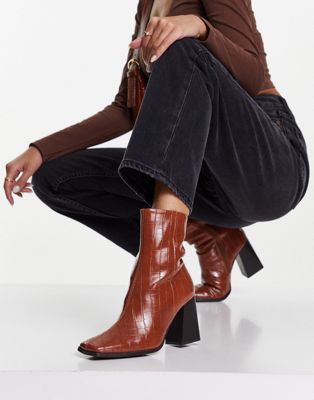 Truffle Collection square toe heeled ankle boots in tan patent