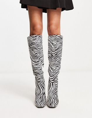  square toe heeled knee boots in zebra print