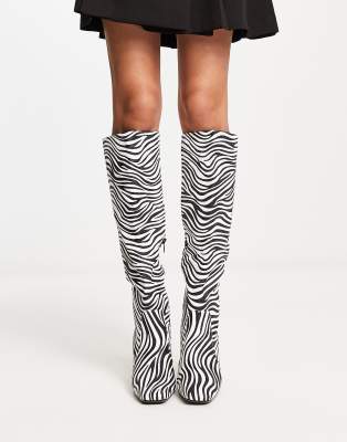 Truffle Collection square toe heeled knee boots in zebra print-Multi