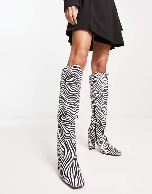 Truffle Collection square toe heeled knee boots in zebra print | ASOS