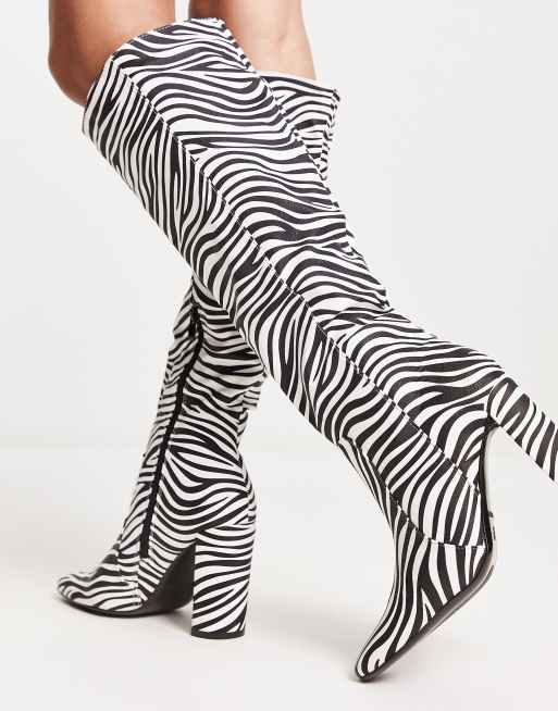 Truffle Collection square toe heeled knee boots in zebra print | ASOS