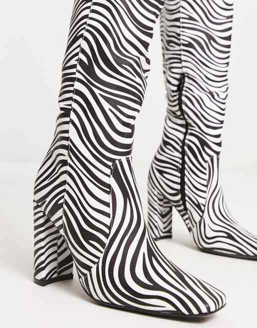 Truffle Collection square toe heeled knee boots in zebra print | ASOS