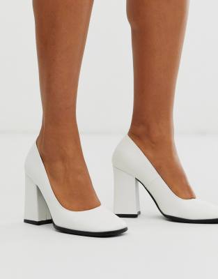 white pointed block heels