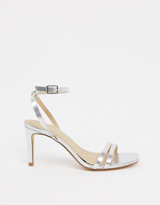 Truffle Collection square toe strappy heeled sandals in silver | ASOS
