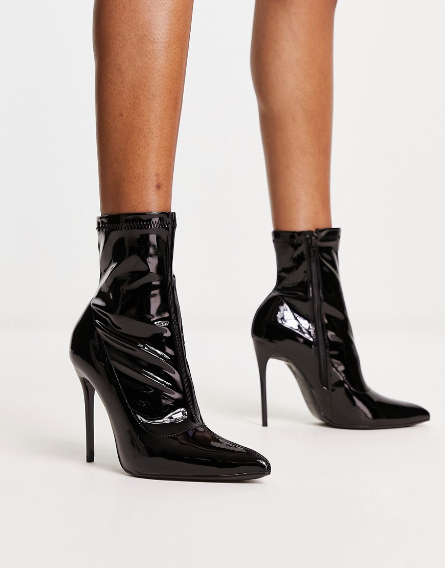 Truffle Collection stilletto heel sock boots in black patent