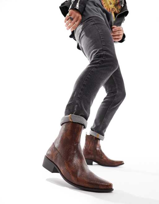 Truffle Collection - Stivaletti Chelsea con tacco stile western marrone pitonato