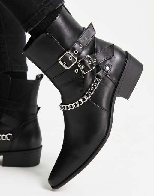 Truffle Collection - Stivaletti stile western in pelle sintetica nera con tacco e dettagli in metallo
