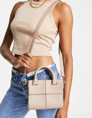 Truffle Collection structured square stitched bag with top handle in tan