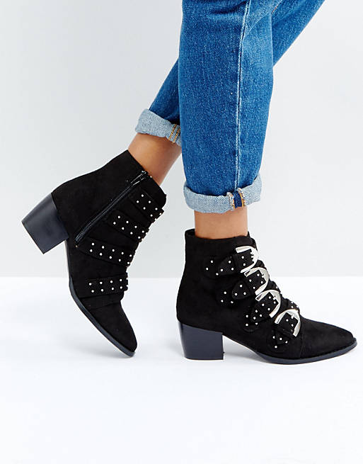 Truffle Collection Stud Buckle Strap Mid Heel Boots | ASOS