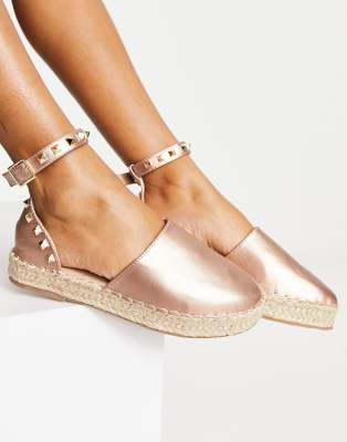 Truffle Collection Studded Ankle Strap Espadrilles In Rose Gold