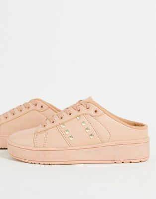 Truffle Collection studded flatform slip on mule trainers in beige drench