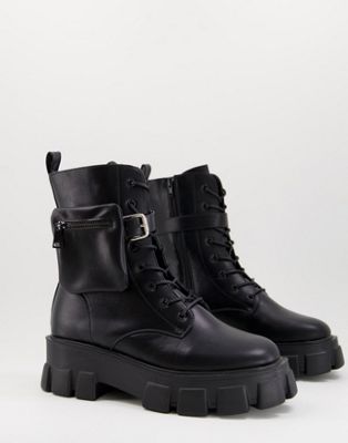 Truffle Collection super chunky lace up boots in black faux leather with removeable pouch