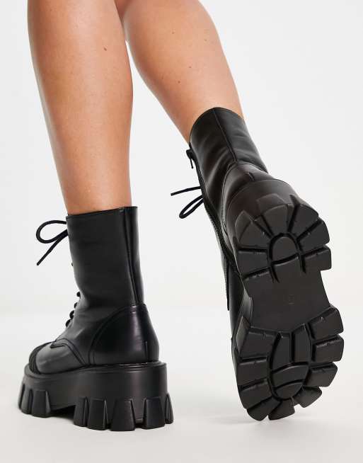 Truffle Collection super chunky lace up boots in black faux leather