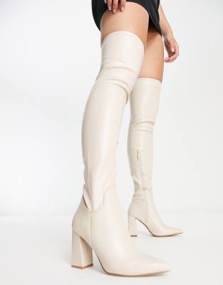 Truffle Collection thigh high heeled boots in cream faux leather-White