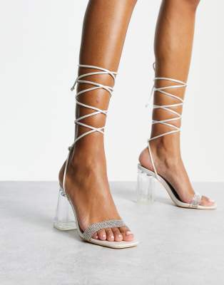 Truffle Collection Truffle Collection tie leg embellished bridal sandals in white