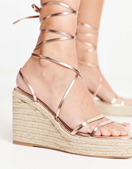 Rose gold cheap lace up wedges