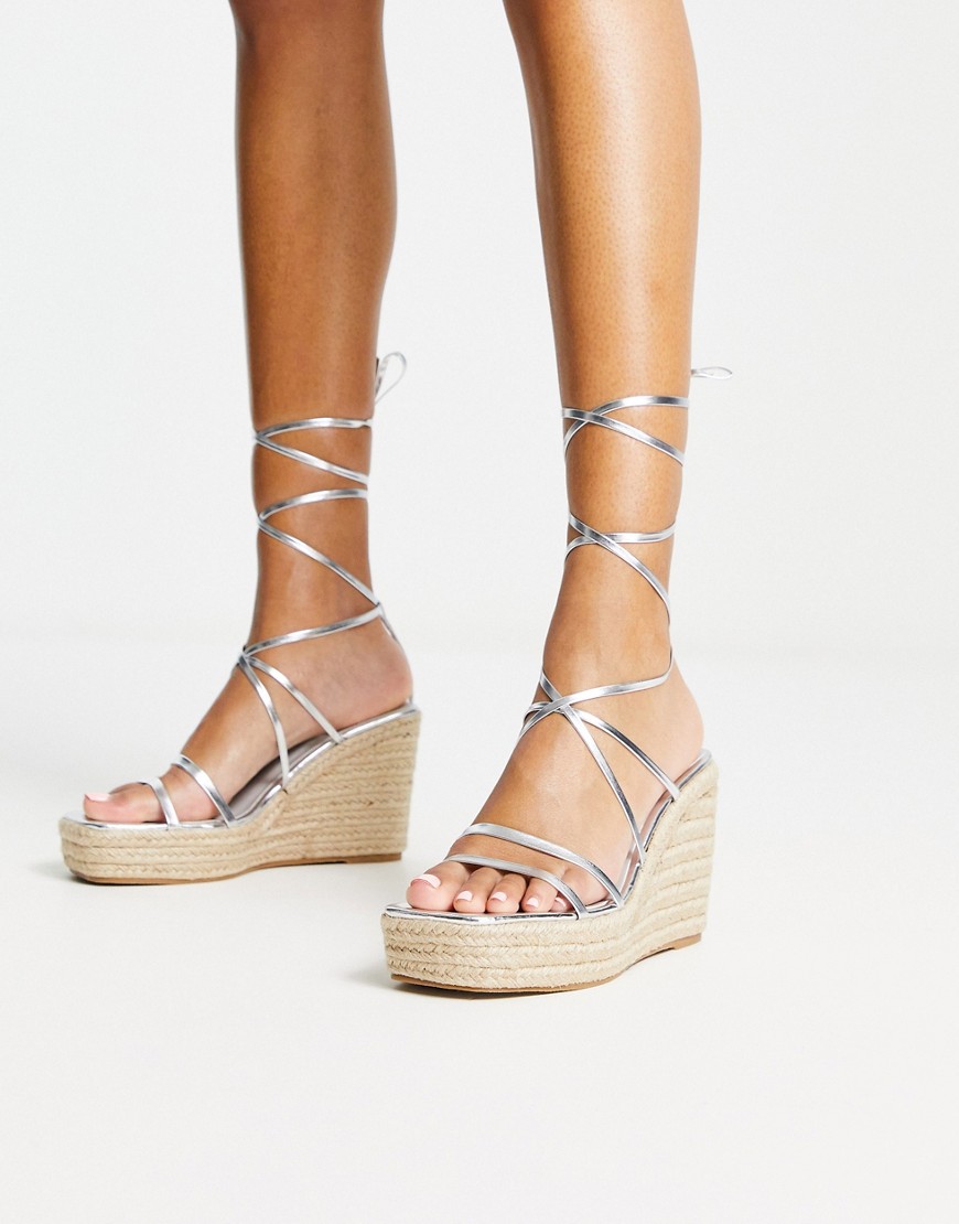Truffle Collection tie leg espadrille wedge sandals in silver