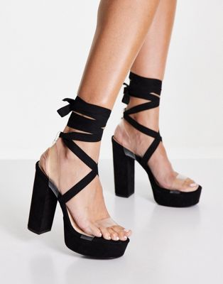 Truffle Collection tie leg platform heeled sandals in black