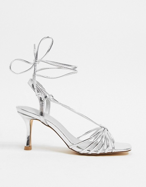 Truffle Collection tie leg strappy heeled sandals in silver