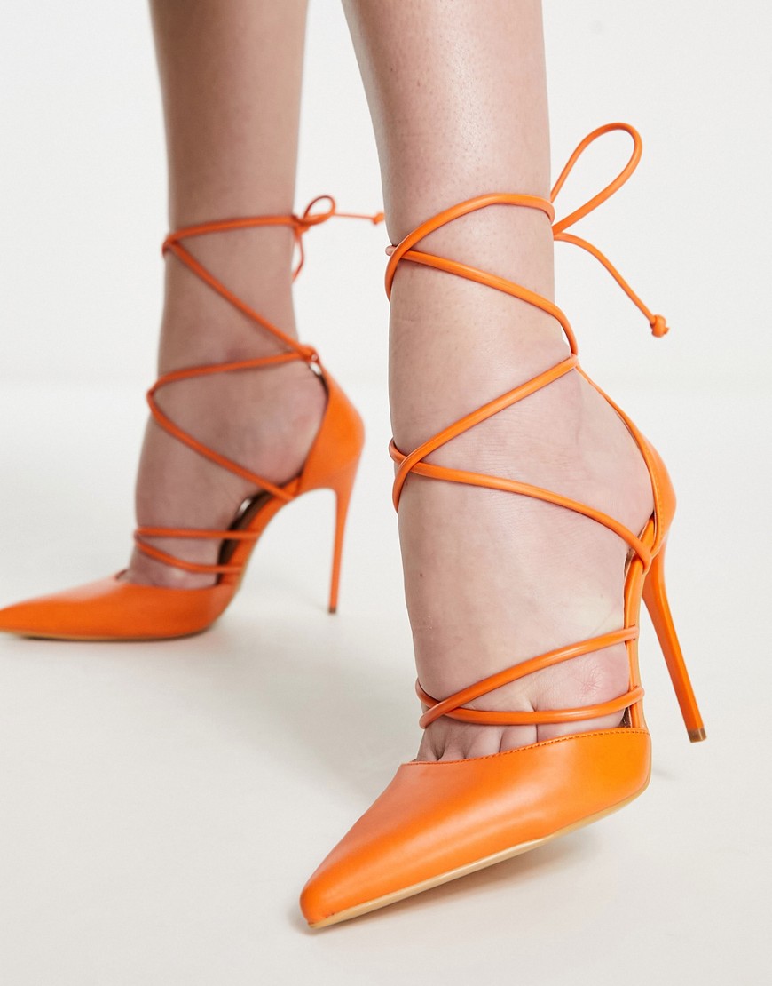 Truffle Collection tubular tie leg pointed stiletto heeled shoes in orange