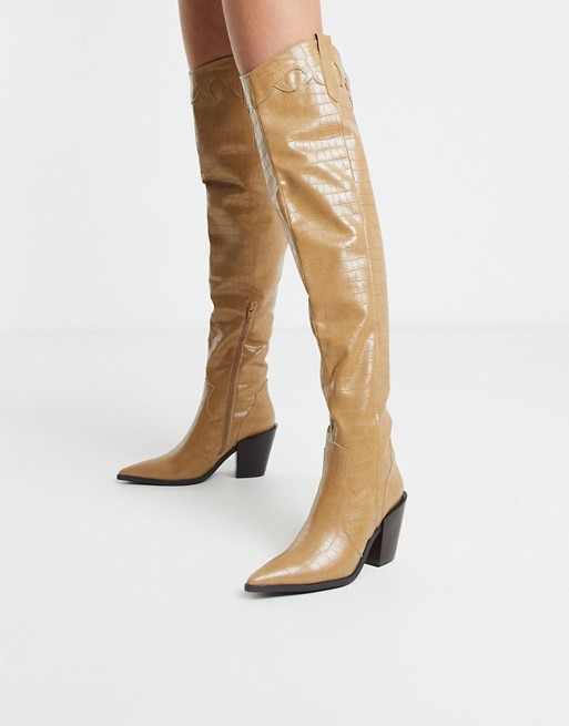 Truffle Collection western thigh high boots in beige croc