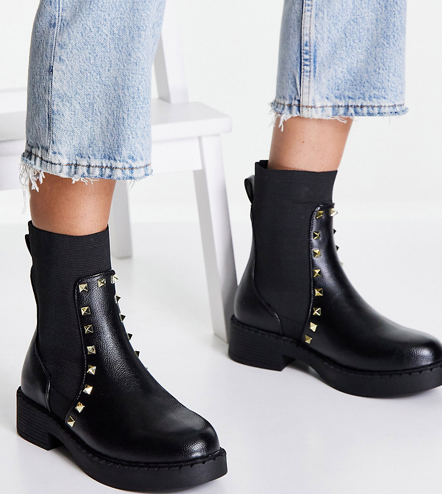 Truffle Collection Wide Fit ankle sock boot with stud detail in black