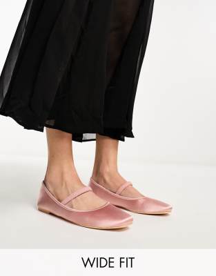 Truffle Collection Wide Fit ballet flat shoes with strap and bow in light pink