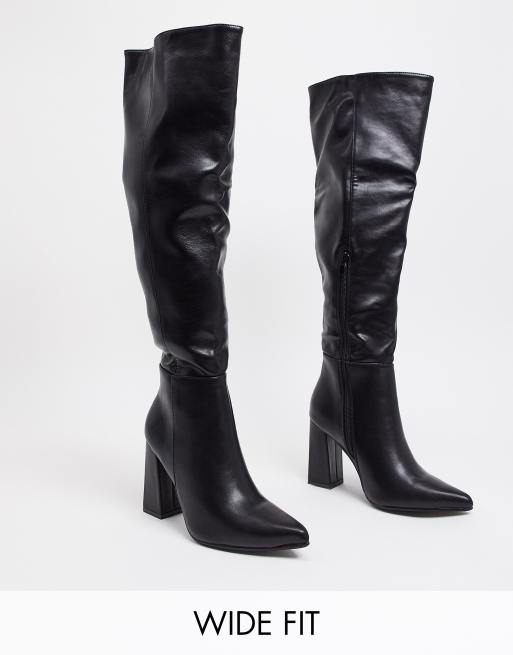 Truffle Collection wide fit block heel knee high pointed boots in black