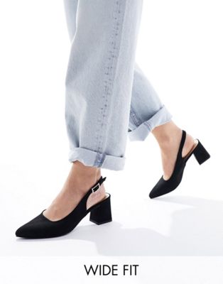 Truffle Collection wide fit block heel sling back court shoe in black