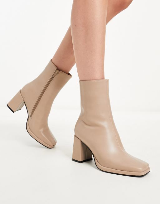 Truffle Collection wide fit block heel square toe ankle boots in taupe