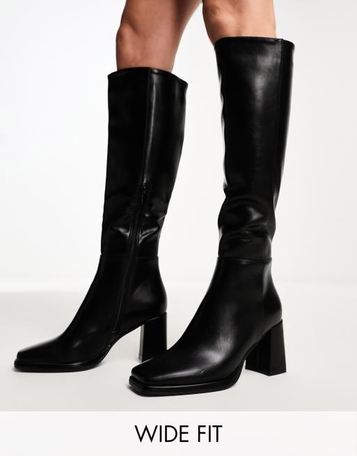 Truffle Collection wide fit block heel square toe knee boots in black PU