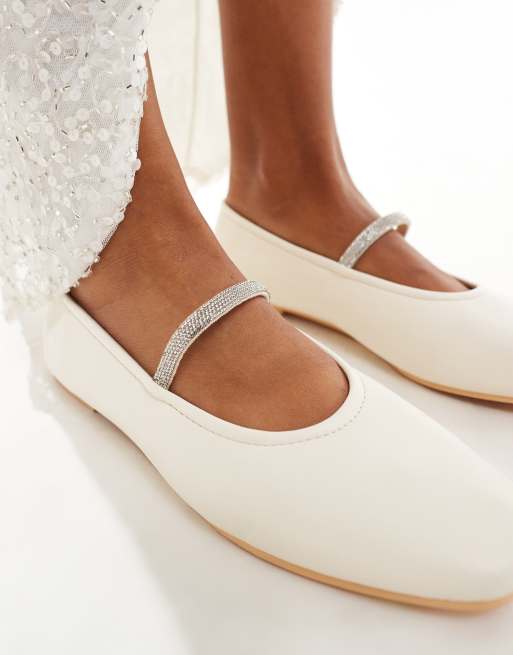 Truffle Collection wide fit bridal embellished strap ballet pump in ivory